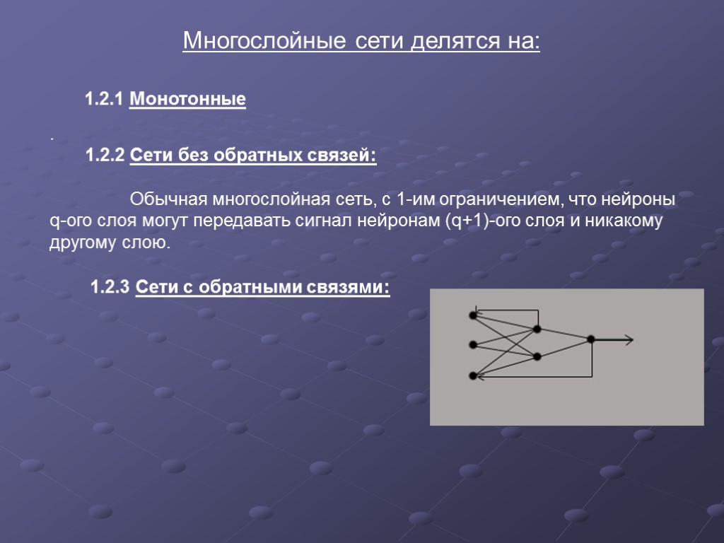 Многослойные сети делятся на: 1.2.1 Монотонные . 1.2.2 Сети без обратных связей: Обычная многослойная